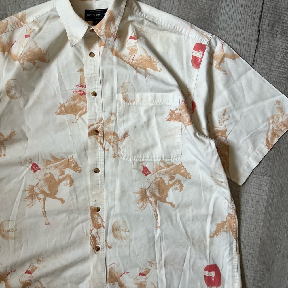VINTAGE BIT & BRIDLE Western Cowboy Print Short Sleeve Shirt Large Rodeo Horse - Picture 7 of 14